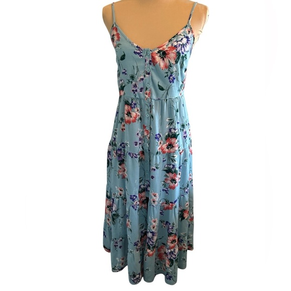 Xhilaration Blue Floral Long Midi Dress Womens Size XS Full Button Front Tiered. - Picture 1 of 11